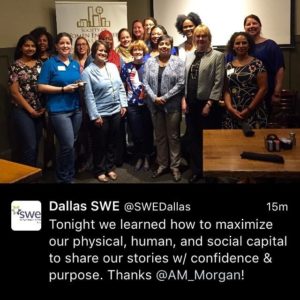 Alicia M Morgan surrounded by Dallas SWE members in a cafe with brown tables.