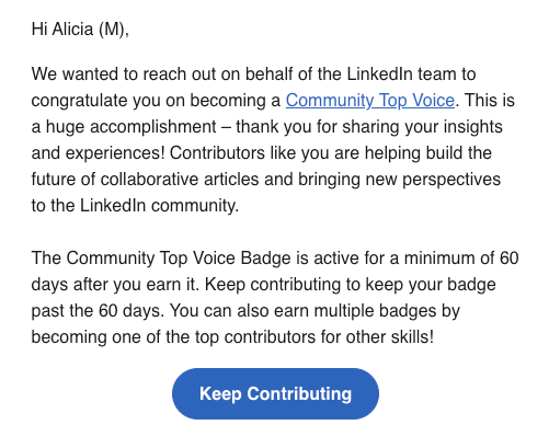 Alicia M Morgan LinkedIn Community Top Voice Announcement. 
